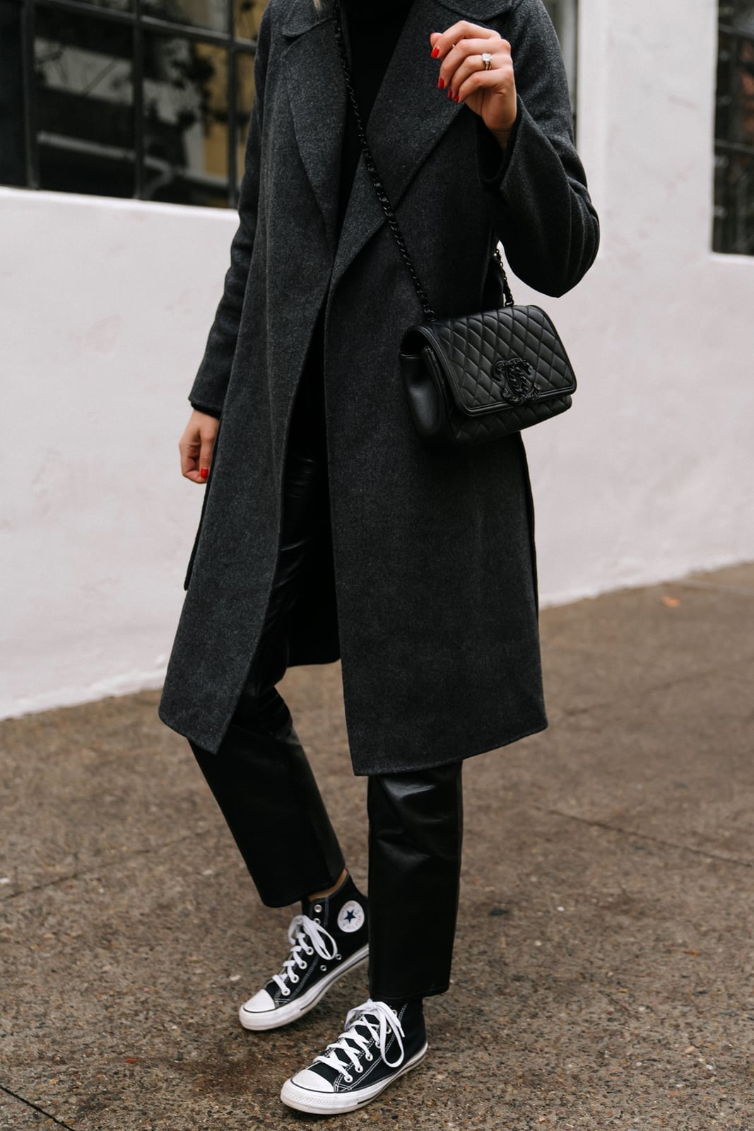 Dark Grey Wool Coat with Leather Trousers and High-Top Converse Dark Grey Wool Coat with Leather Trousers and High-Top Converse — Trendy Converse Outfits