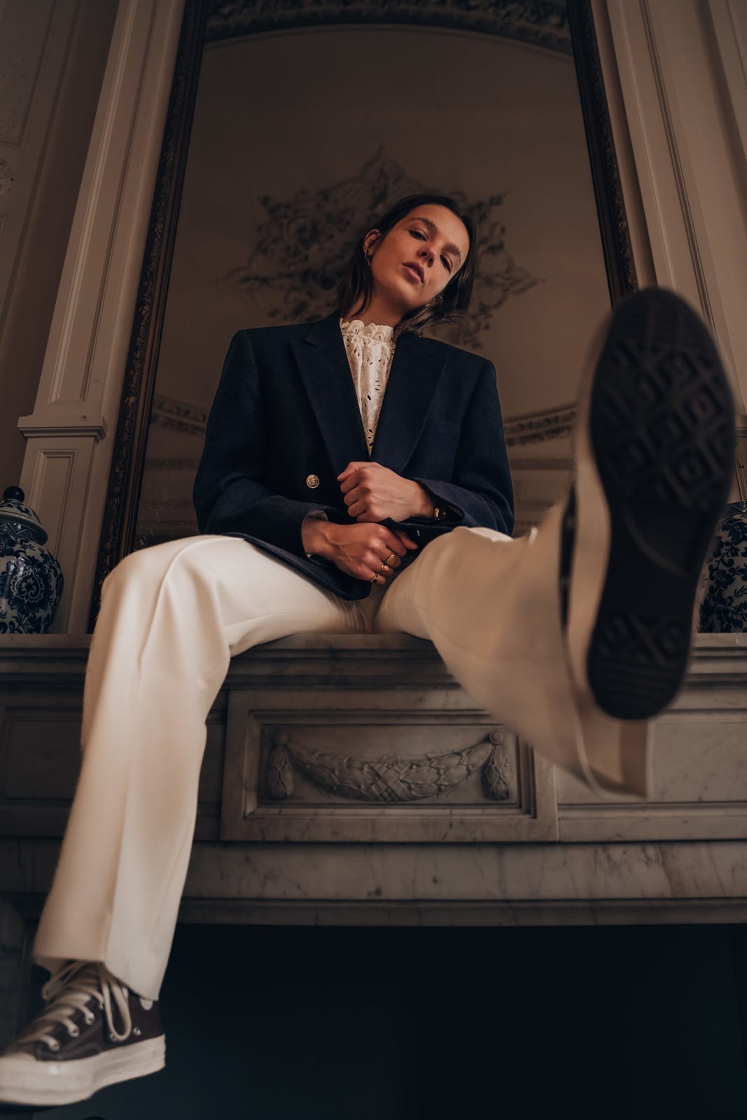 Navy Blazer with Cream Trousers and Dark Brown High-Top Converse Navy Blazer with Cream Trousers and Dark Brown High-Top Converse — Trendy Converse Outfits
