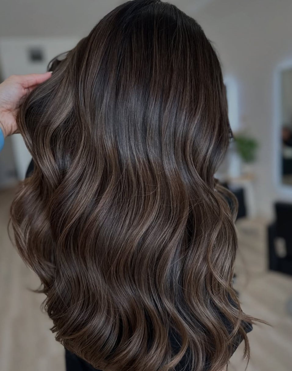 Mid-Back Dark Brown With Cool Balayage — Trendy Cool Brown Hair