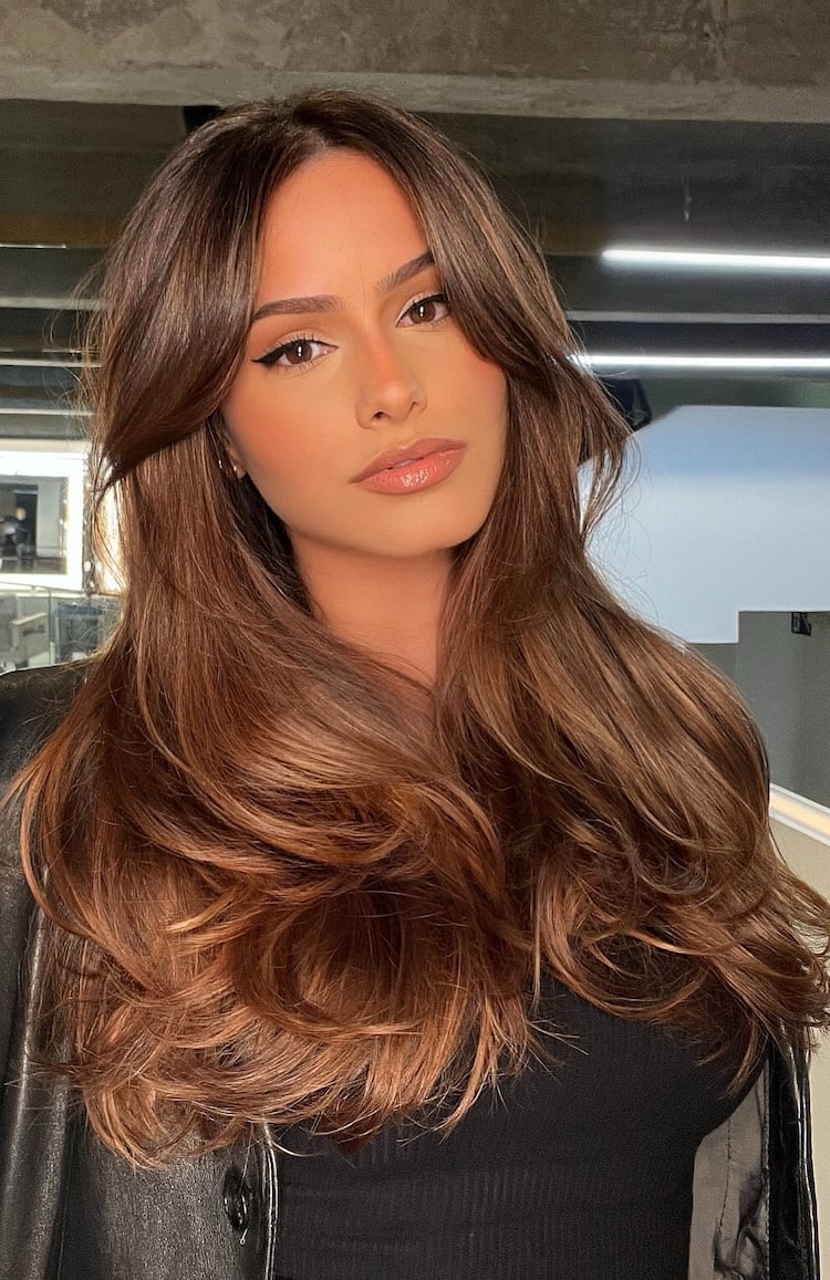 Mid-Back Warm Brown With Curtain Bangs, Wavy — Trendy Cool Brown Hair