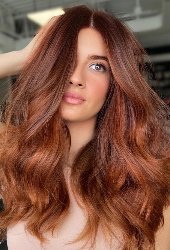Smokey Copper Mid-Back Length Loose Waves With Face-Framing Pieces — Trendy Copper Hair