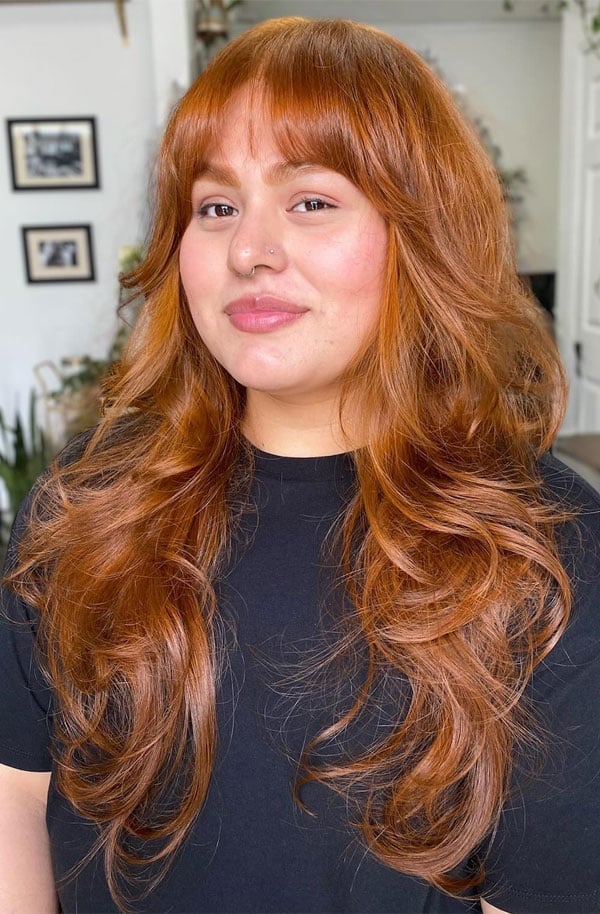 Warm Copper Shag With Curtain Bangs — Trendy Copper Hair