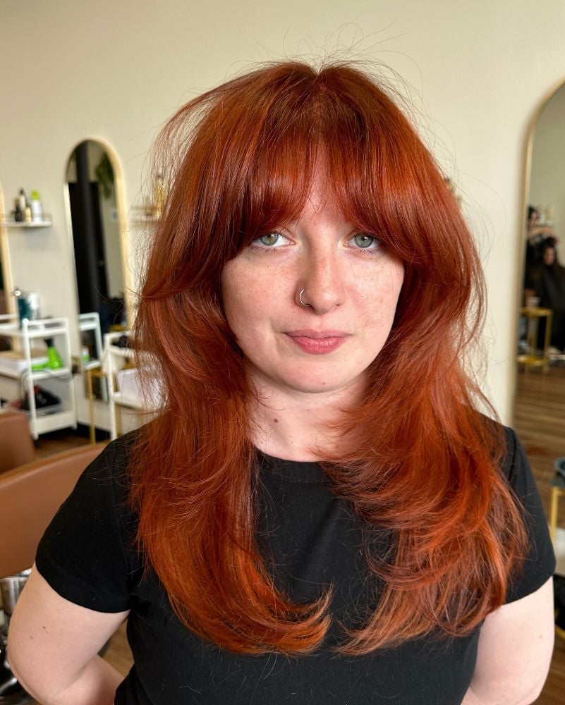 True Copper Mid-Back Length Blowout — Trendy Copper Hair