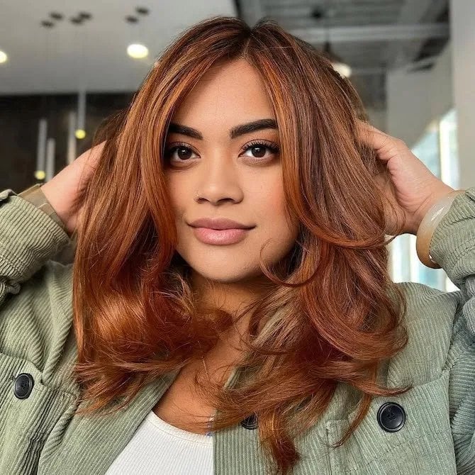 Copper Highlights Collarbone Length Layers With Curtain Bangs — Trendy Copper Hair