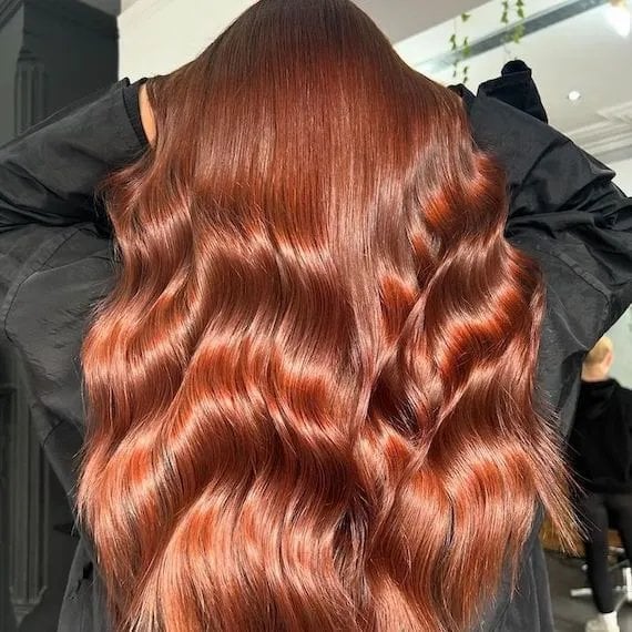 Copper Brown Highlights Mid-Back Length Waves — Trendy Copper Hair
