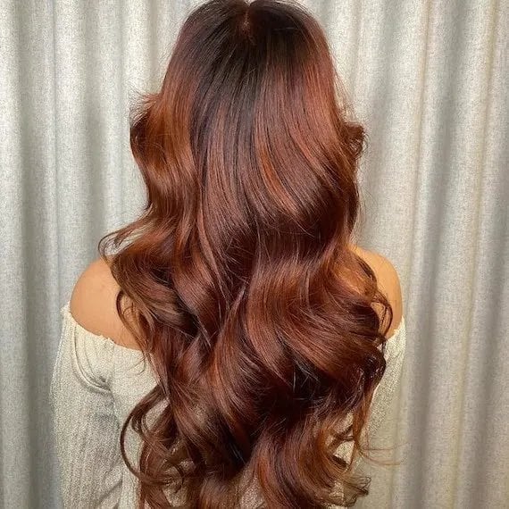 Copper Brown Highlights Mid-Back Length Waves, Office-Safe Version — Trendy Copper Hair