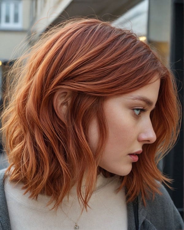 Vibrant Copper Lob With Textured Waves — Trendy Copper Hair