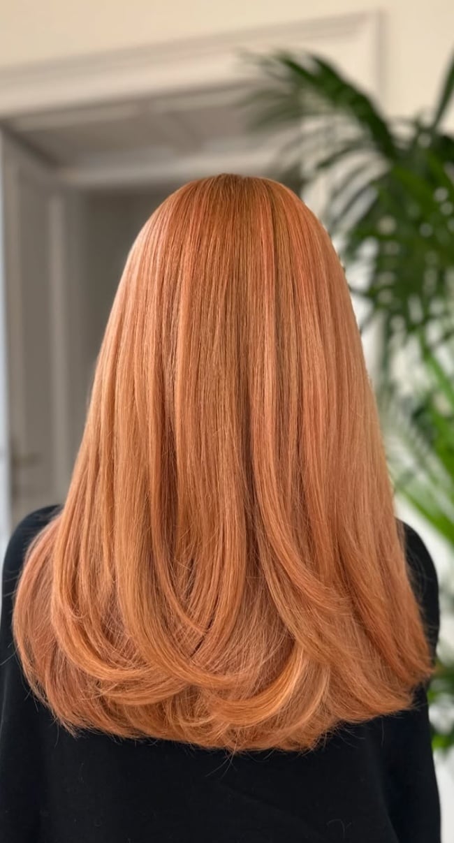 Copper Apricot Mid-Back Length Layers — Trendy Copper Hair