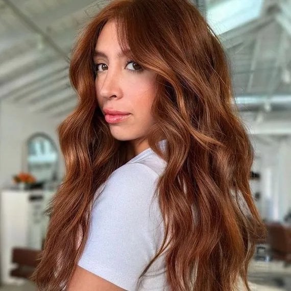Copper Highlights Collarbone Length Blowout — Trendy Copper Hair