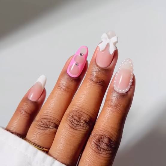 Medium Almond Mixed Coquette Designs — Trendy Coquette Nails