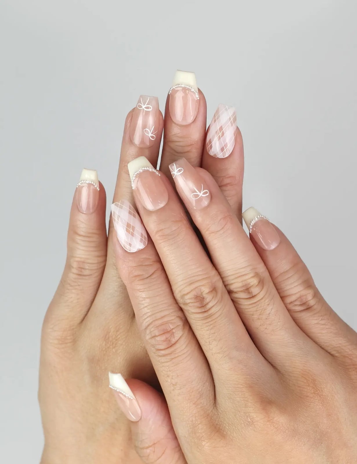 Medium Coffin Nude French With Bows and Plaid — Trendy Coquette Nails