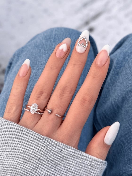 Long Almond French With Rhinestone Heart — Trendy Coquette Nails