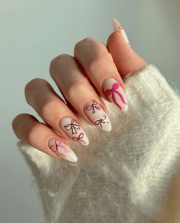 Long Stiletto Nude With Outline Bows — Trendy Coquette Nails