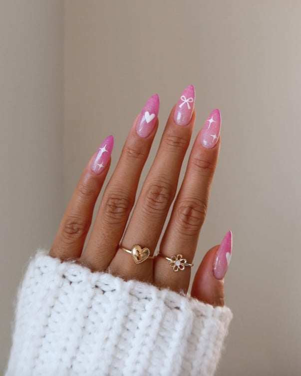 Long Stiletto Pink Glitter With Outline Bows and Stars — Trendy Coquette Nails