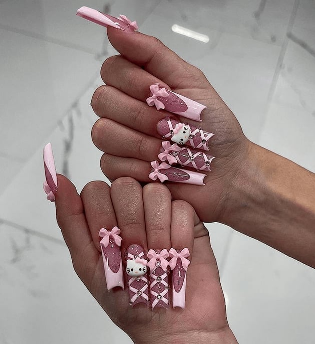 Long Stiletto Pink White Glitter With Hello Kitty — Trendy Coquette Nails