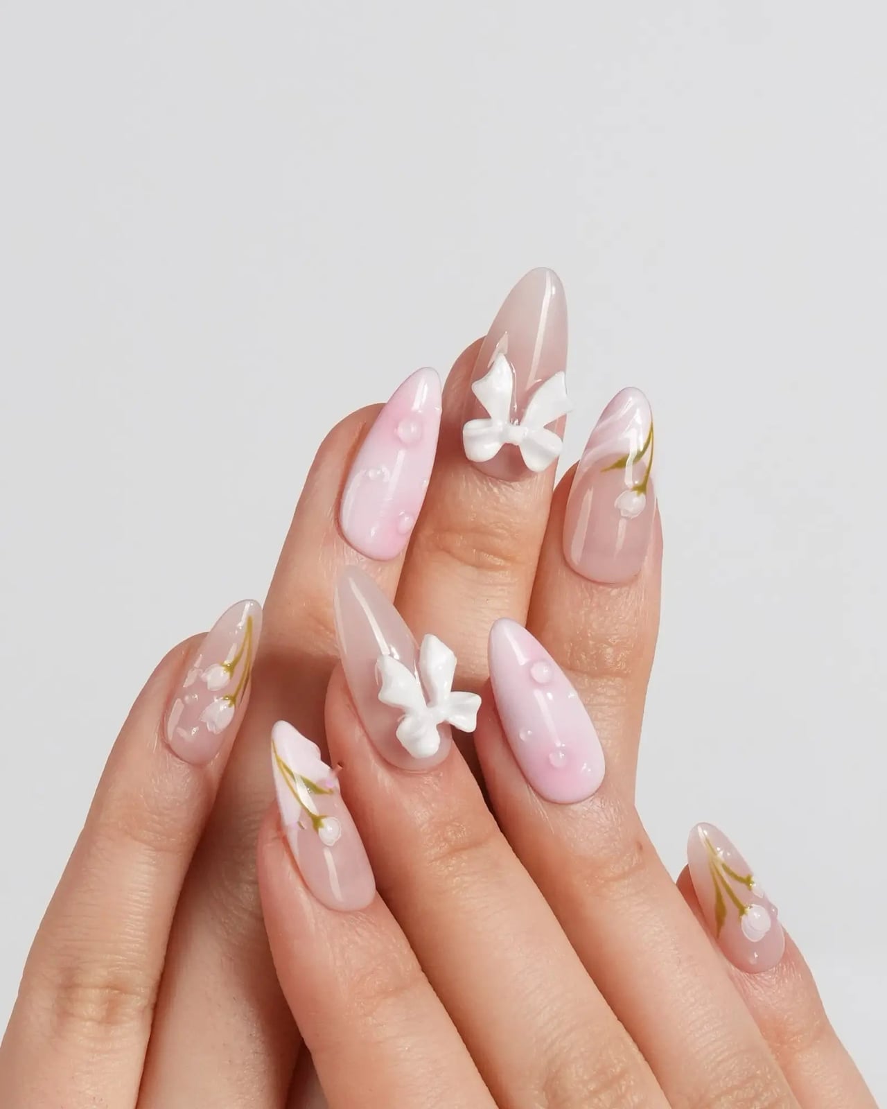 Long Stiletto Sheer Pink Gradient With Bows and Florals, Glossy — Trendy Coquette Nails