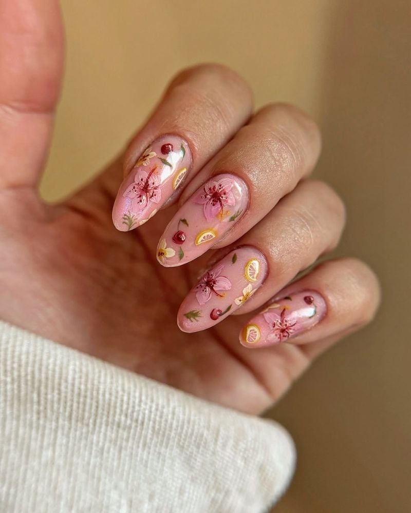 Long Almond Sheer Pink With Embedded Florals and Fruit — Trendy Coquette Nails