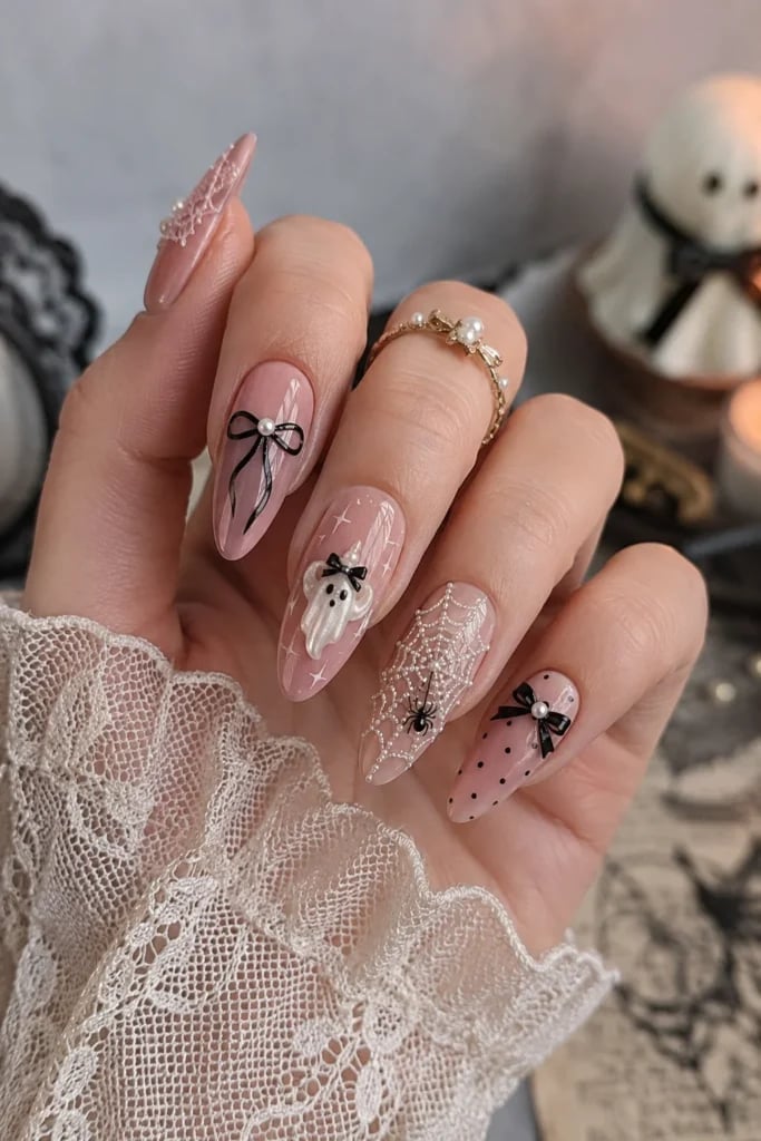 Long Almond Pink Halloween Coquette With Bows and Ghosts — Trendy Coquette Nails