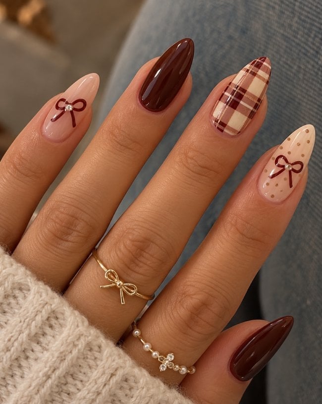 Long Almond Brown Mix With Plaid and Bows — Trendy Coquette Nails