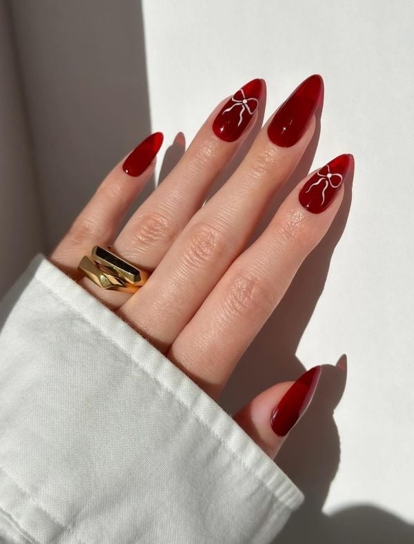 Medium Almond Deep Red With White Bows — Trendy Coquette Nails