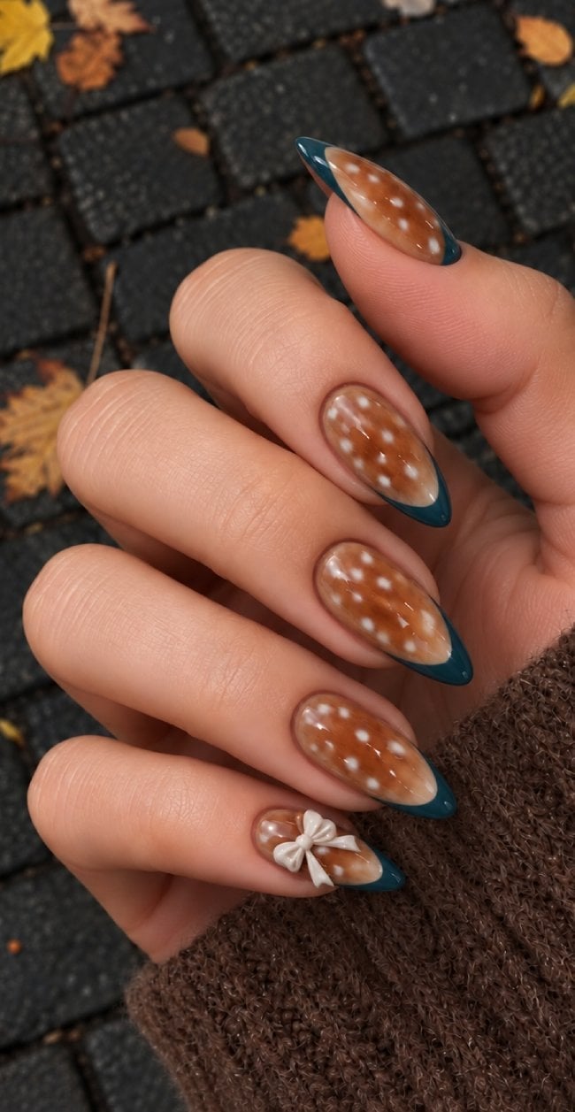 Long Pointed Fawn Gradient With Teal French and Bow — Trendy Coquette Nails