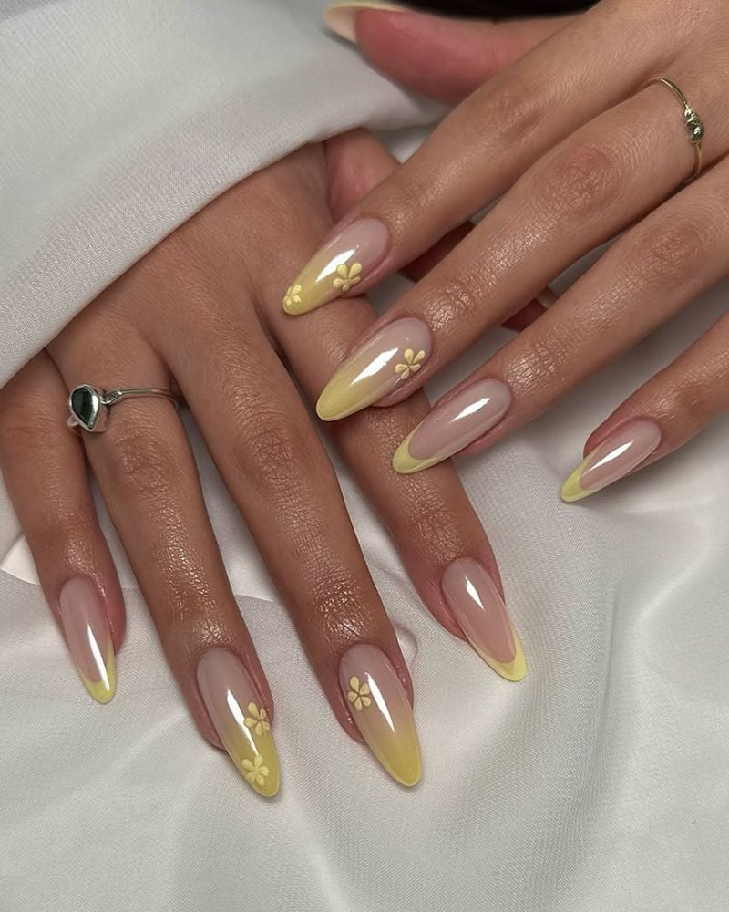 Long Almond Yellow Gradient With Floral Designs — Trendy Coquette Nails