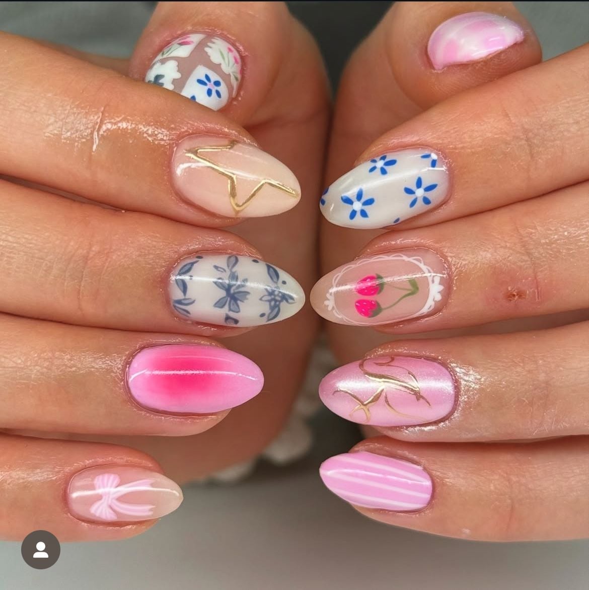 Medium Oval Pink Shimmer With Bow and Cherries — Trendy Coquette Nails