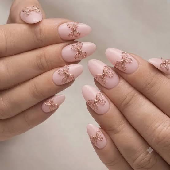 Short Almond Pale Pink With Rose Gold Bows — Trendy Coquette Nails