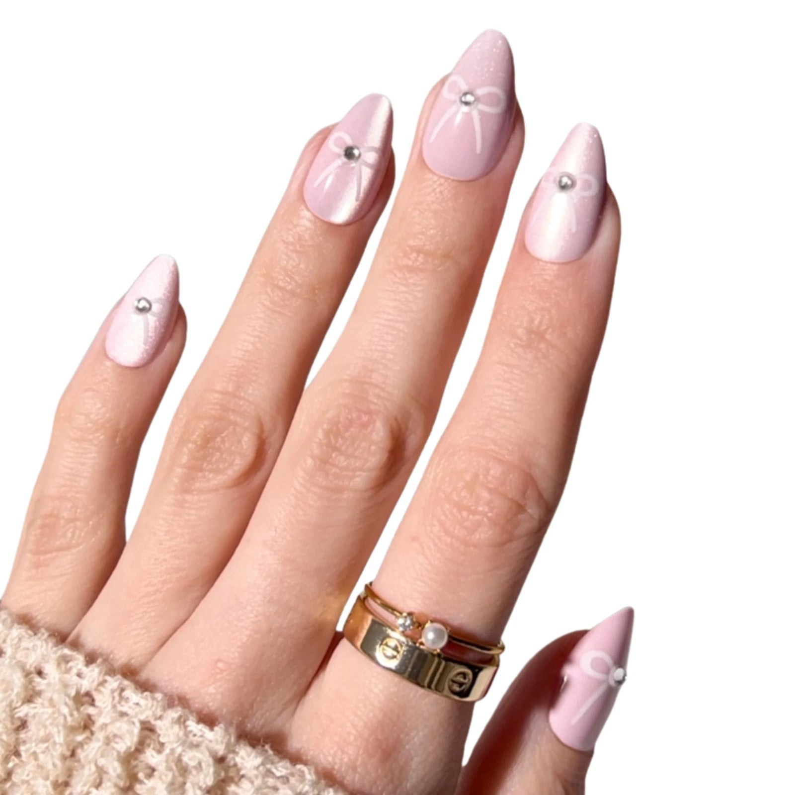 Long Almond Pink Shimmer With Bows and Rhinestones, Close-Up Take — Trendy Coquette Nails