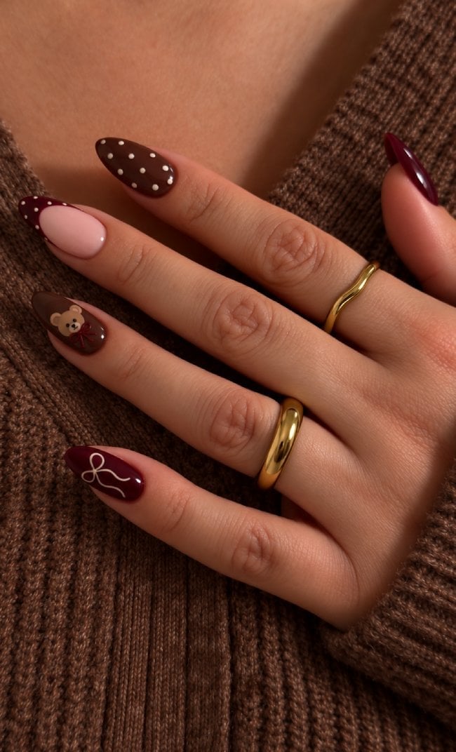 Medium Almond Teddy Bear and Bow Motif — Trendy Coquette Nails