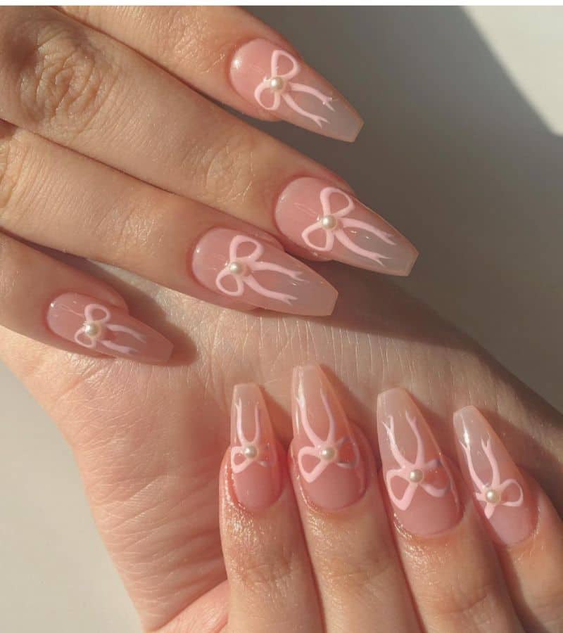 Long Coffin Sheer Pink With White Bows and Pearls, длинные — Trendy Coquette Nails