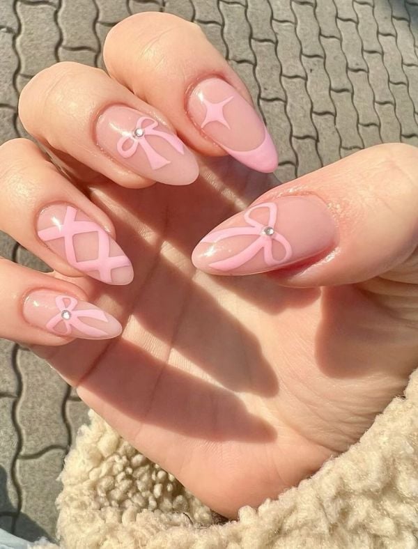 Long Almond Soft Pink Bows and Criss-Cross — Trendy Coquette Nails