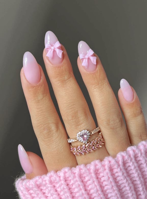 Medium Almond Pastel Pink With 3D Bows — Trendy Coquette Nails