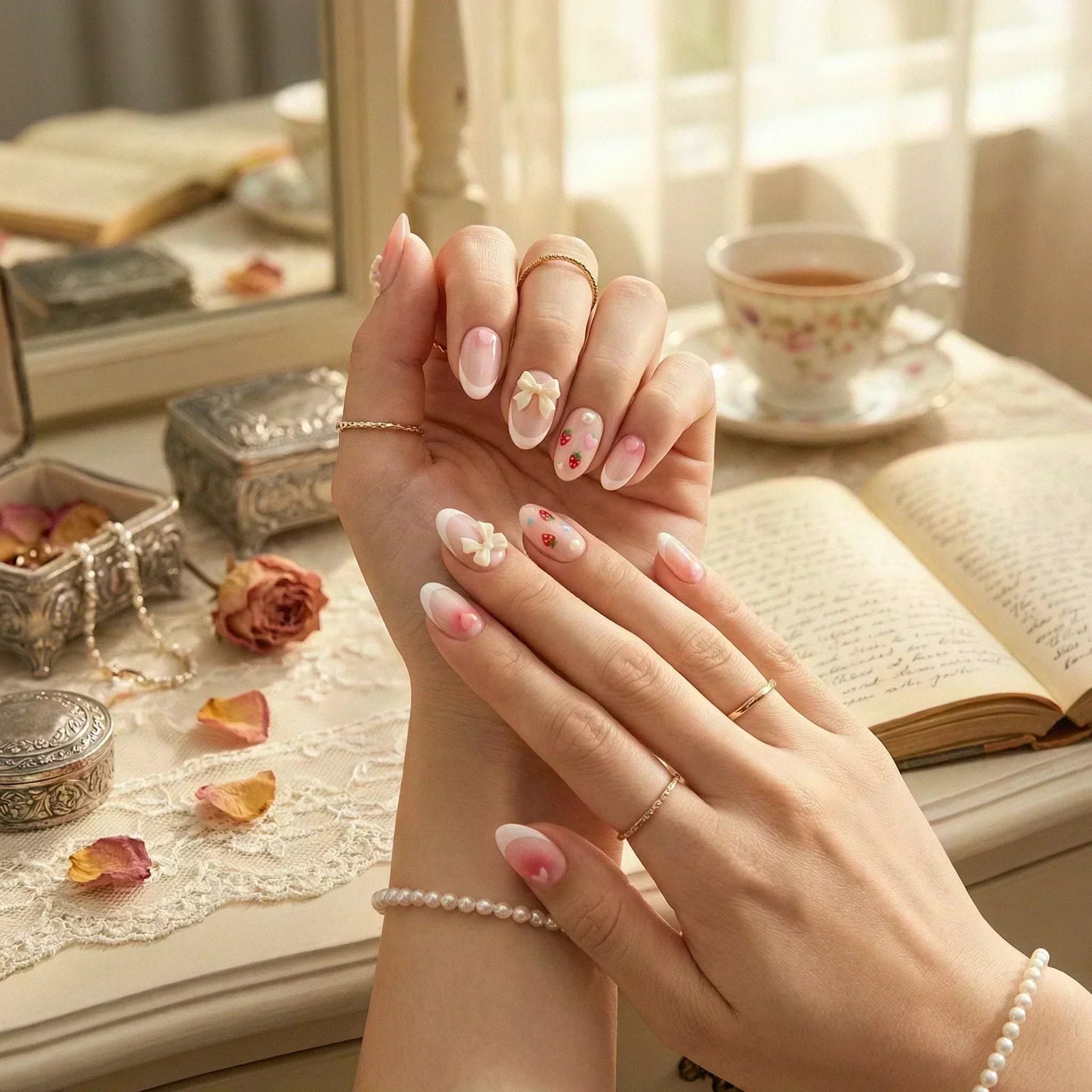 Medium Almond Pink Ombre With Bow and Fruit — Trendy Coquette Nails
