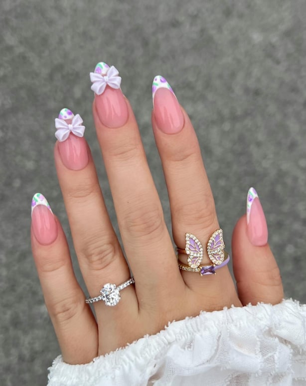 Long Almond Nude French With White Bows — Trendy Coquette Nails