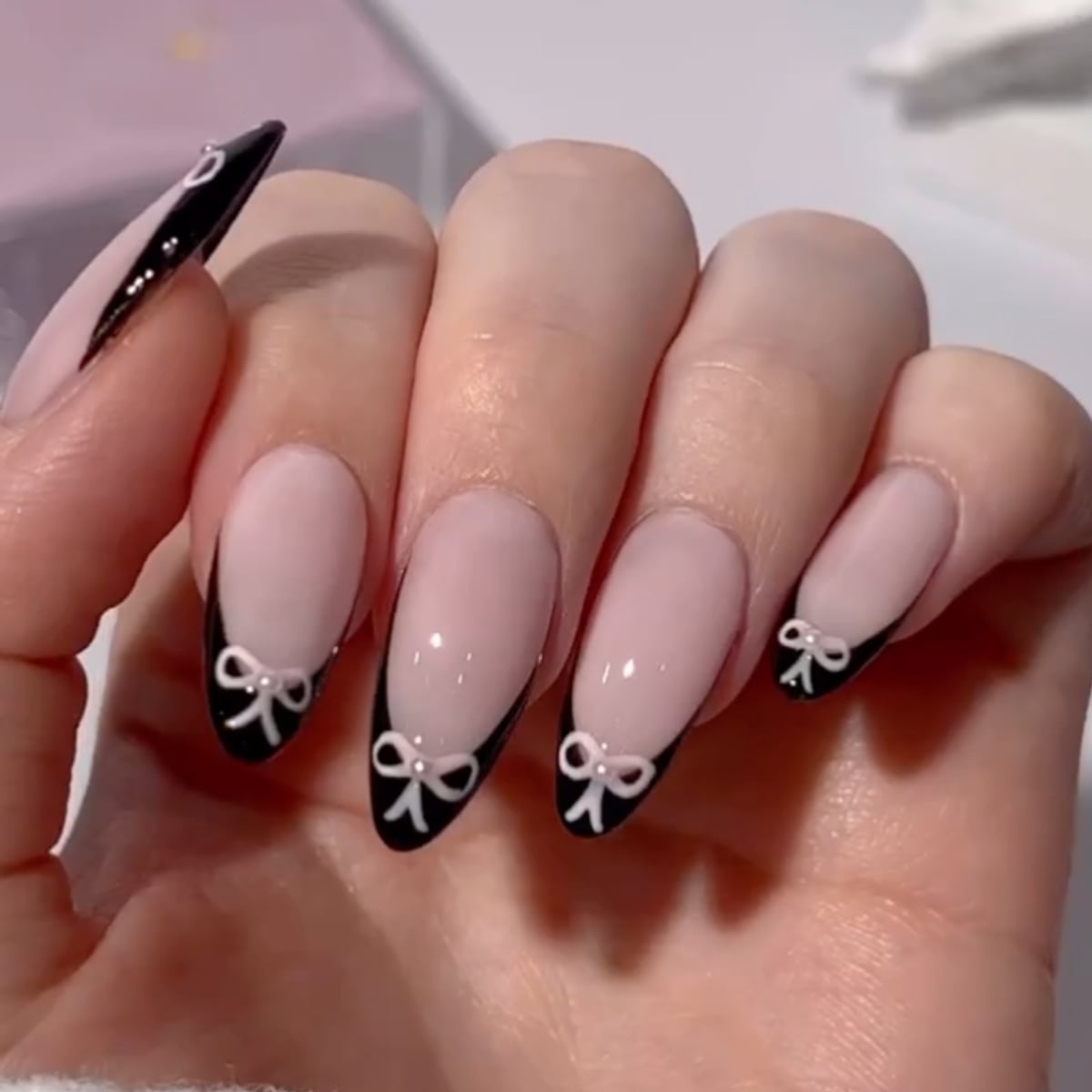 Long Almond Pink Base Black French Bows — Trendy Coquette Nails