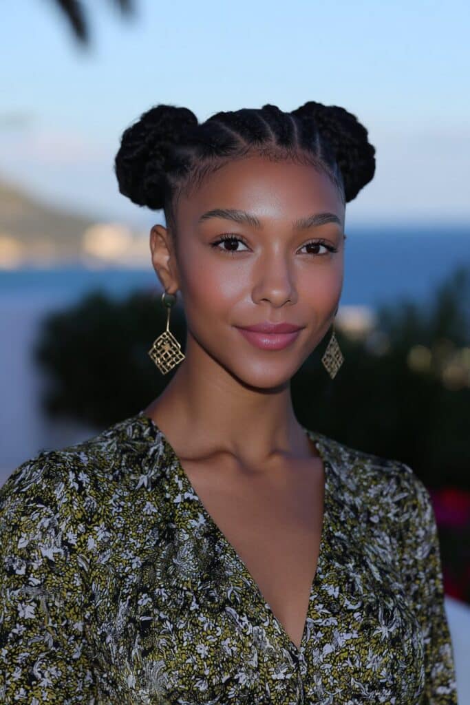 Cornrows Styled Into Double High Buns Cornrows Styled Into Double High Buns — Trendy Cornrows Braids for Black Women