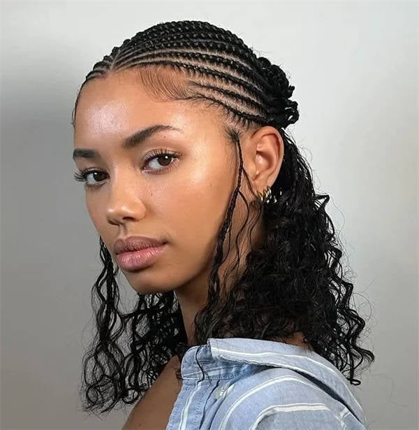 Neat Cornrows With Loose Curly Tendrils Neat Cornrows With Loose Curly Tendrils — Trendy Cornrows Braids for Black Women