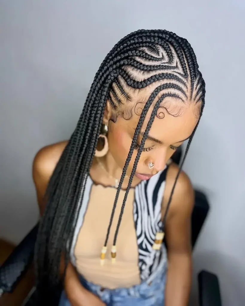 Cornrows Into Mid-Back Box Braids With Beads Cornrows Into Mid-Back Box Braids With Beads — Trendy Cornrows Braids for Black Women