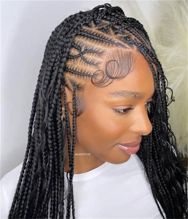 Box Braids With Geometric Front and Curtain Bangs Box Braids With Geometric Front and Curtain Bangs — Trendy Cornrows Braids for Black Women