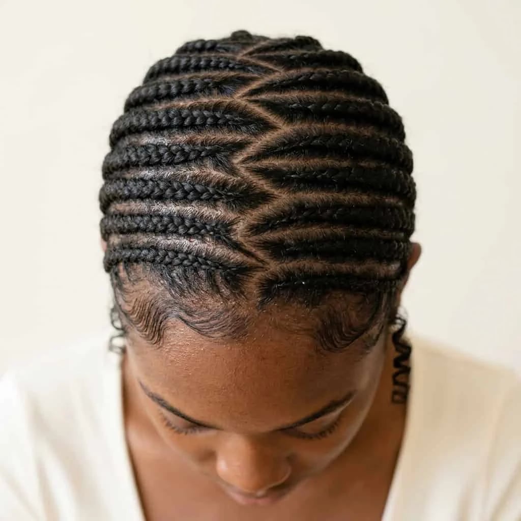 Cornrows With Geometric Pattern and Laid Edges Cornrows With Geometric Pattern and Laid Edges — Trendy Cornrows Hairstyles for Black Women