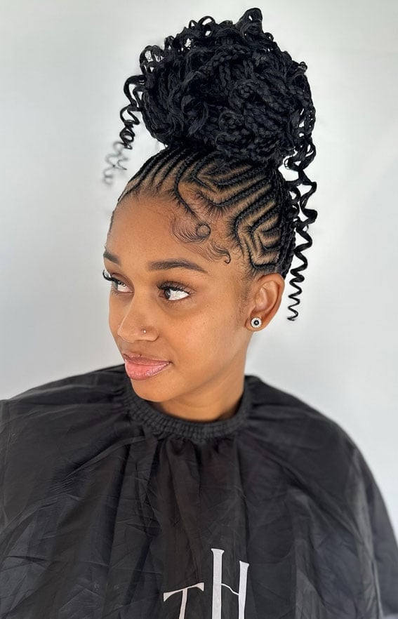 Cornrows With Geometric Pattern Into High Bun Cornrows With Geometric Pattern Into High Bun — Trendy Cornrows Hairstyles for Black Women