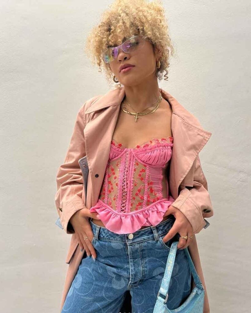 Pink Ruffled Corset Under Trench Coat — Trendy Corset Top Outfits