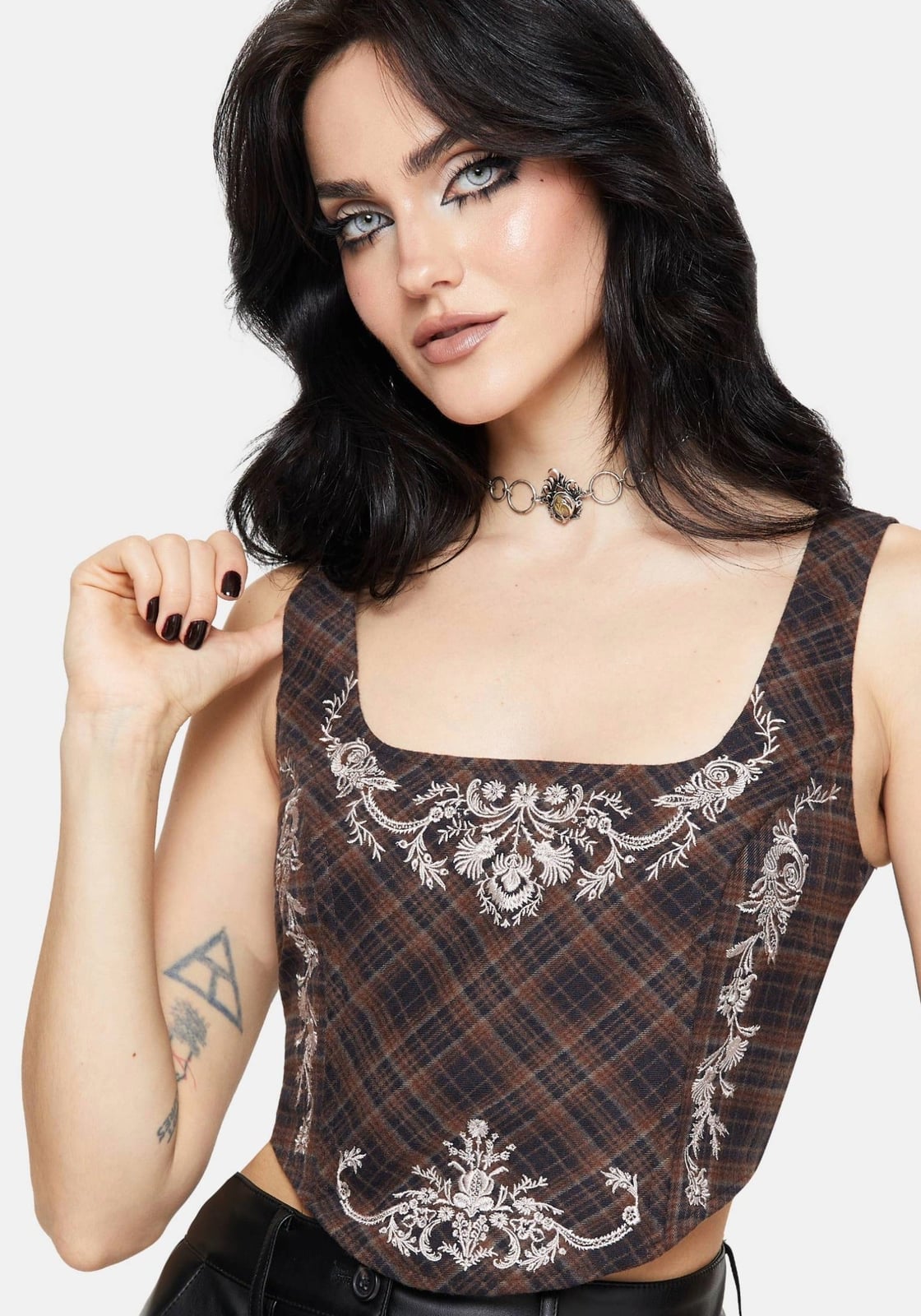Plaid Corset Top with White Embroidery — Trendy Corset Top Outfits