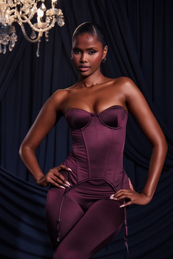 Deep Plum Satin Strapless Corset Top — Trendy Corset Top Outfits