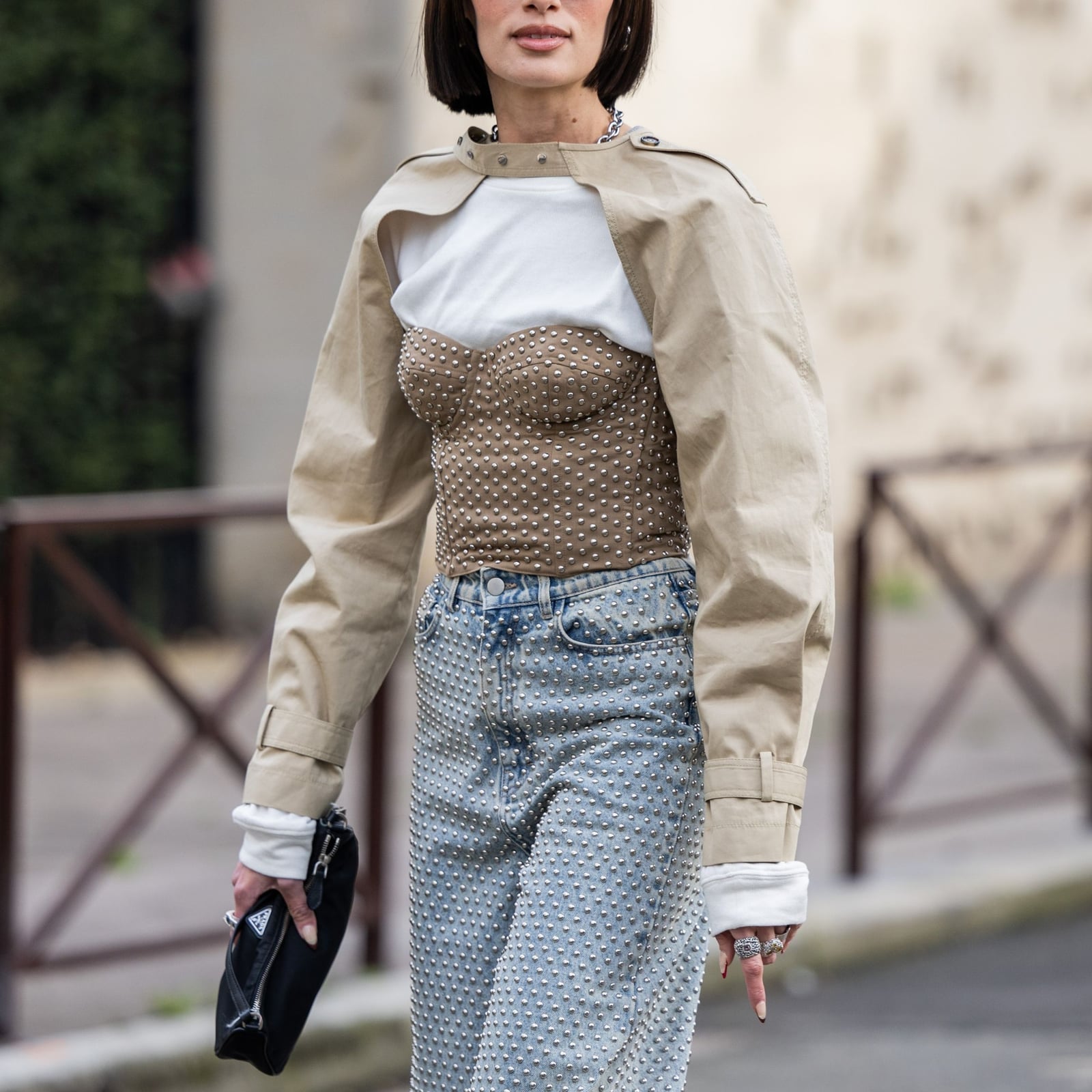 Studded Corset Top Over Long Sleeve Shirt — Trendy Corset Top Outfits