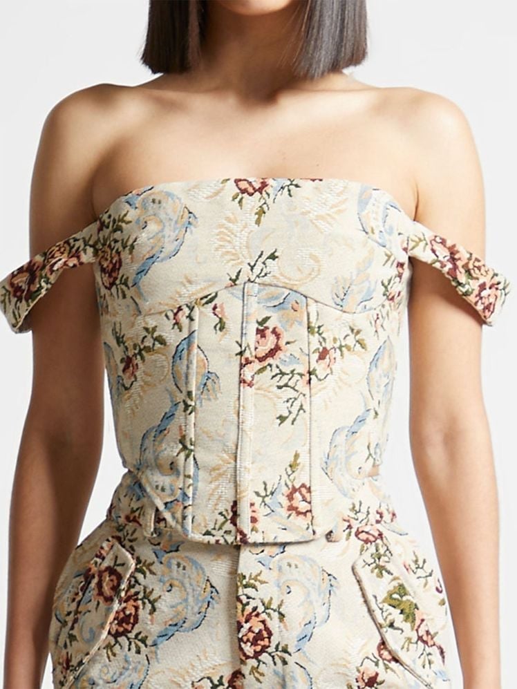 Cream Floral Brocade Corset Top, Close-Up Take — Trendy Corset Top Outfits