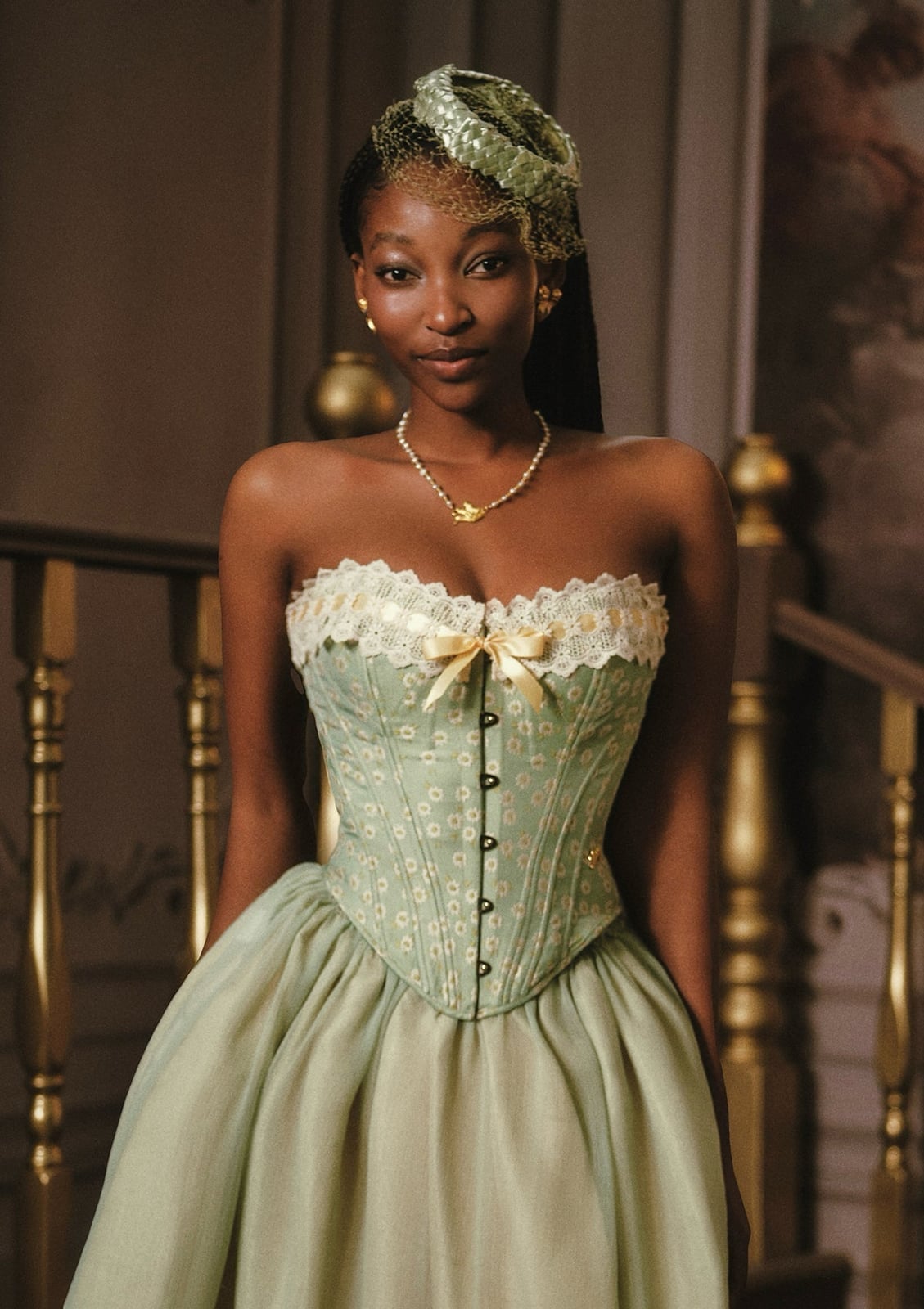 Pale Green Floral Corset with Voluminous Skirt — Trendy Corset Top Outfits