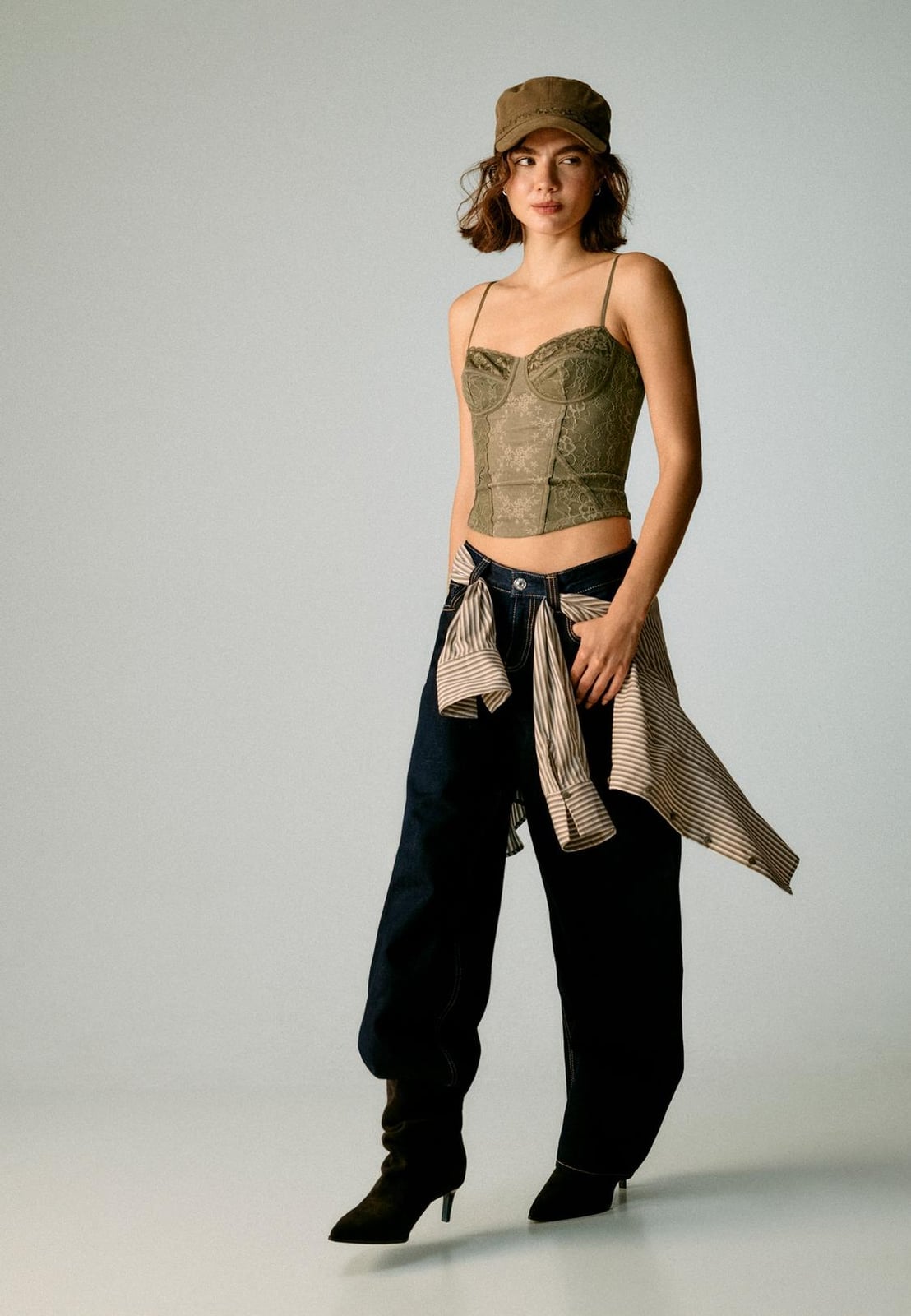 Olive Green Corset Top with Jeans and Shirt — Trendy Corset Top Outfits
