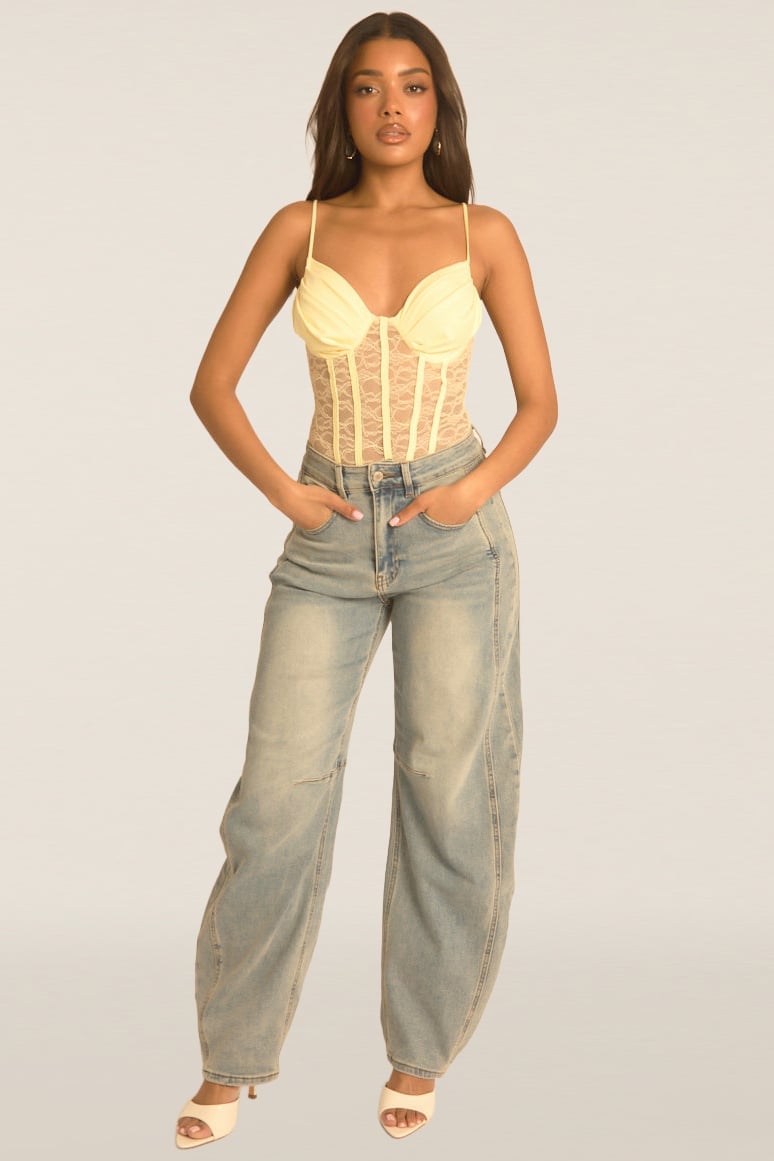 Yellow Lace Corset Bodysuit with Jeans — Trendy Corset Top Outfits